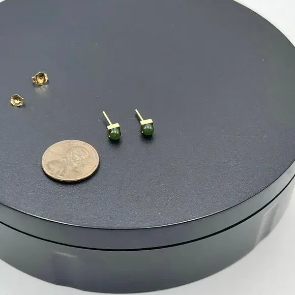Designer Signed‎ 14k Yellow Gold Green Round Ball Stud Pierced Earrings